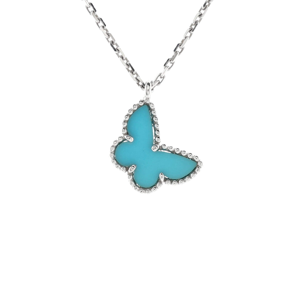 Sweet Alhambra Butterfly Pendant Necklace 18K White Gold with Turquoise