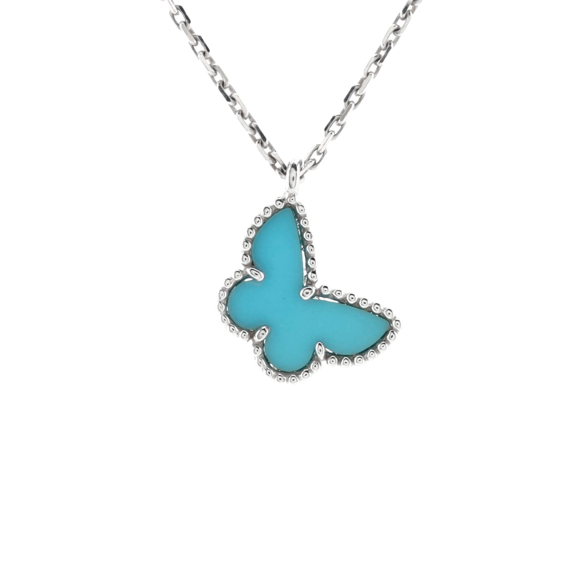 Sweet Alhambra Butterfly Pendant Necklace 18K White Gold with Turquoise