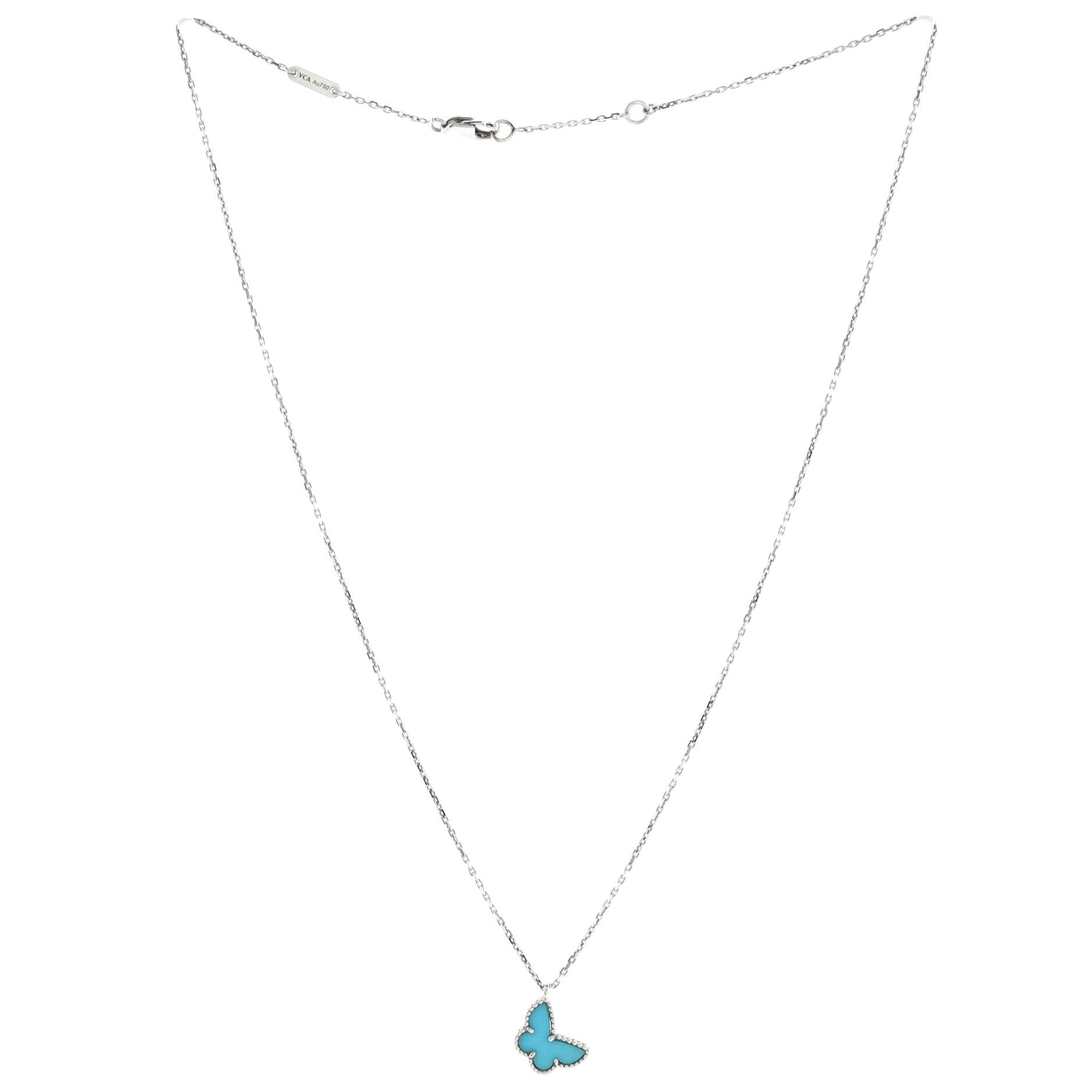 Sweet Alhambra Butterfly Pendant Necklace 18K White Gold with Turquoise