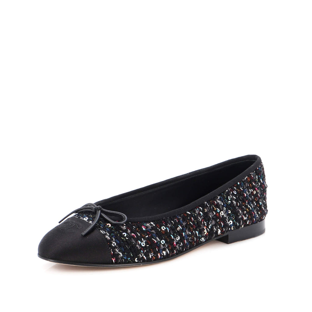 Women's CC Cap Toe Bow Ballerina Flats Tweed with Sequins and Satin