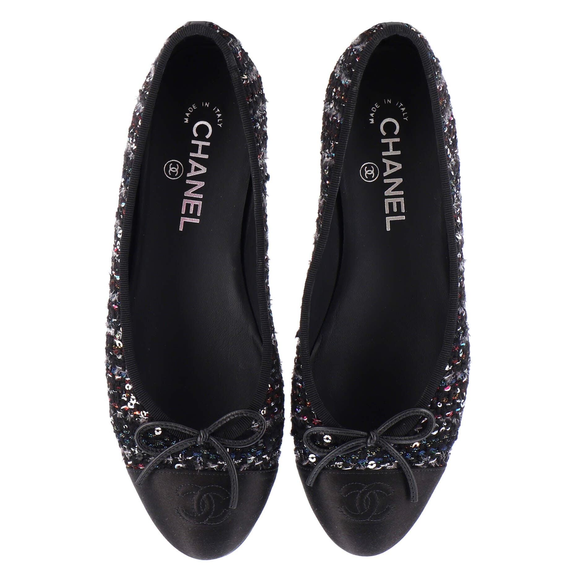 Women's CC Cap Toe Bow Ballerina Flats Tweed with Sequins and Satin