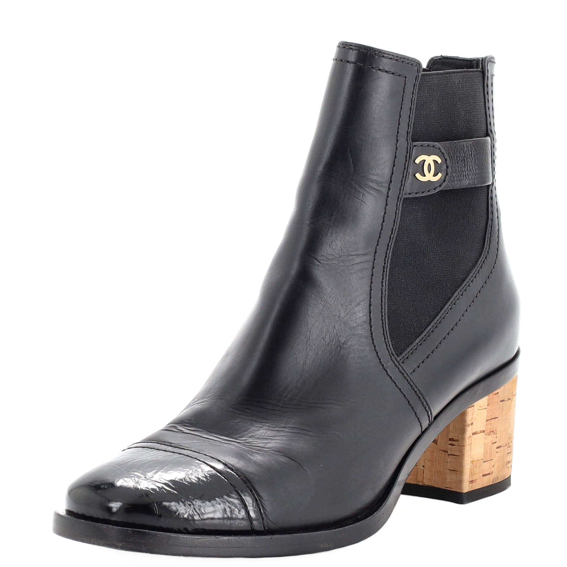 Women's CC Cap Toe Ankle Boots Leather with Patent and Cork