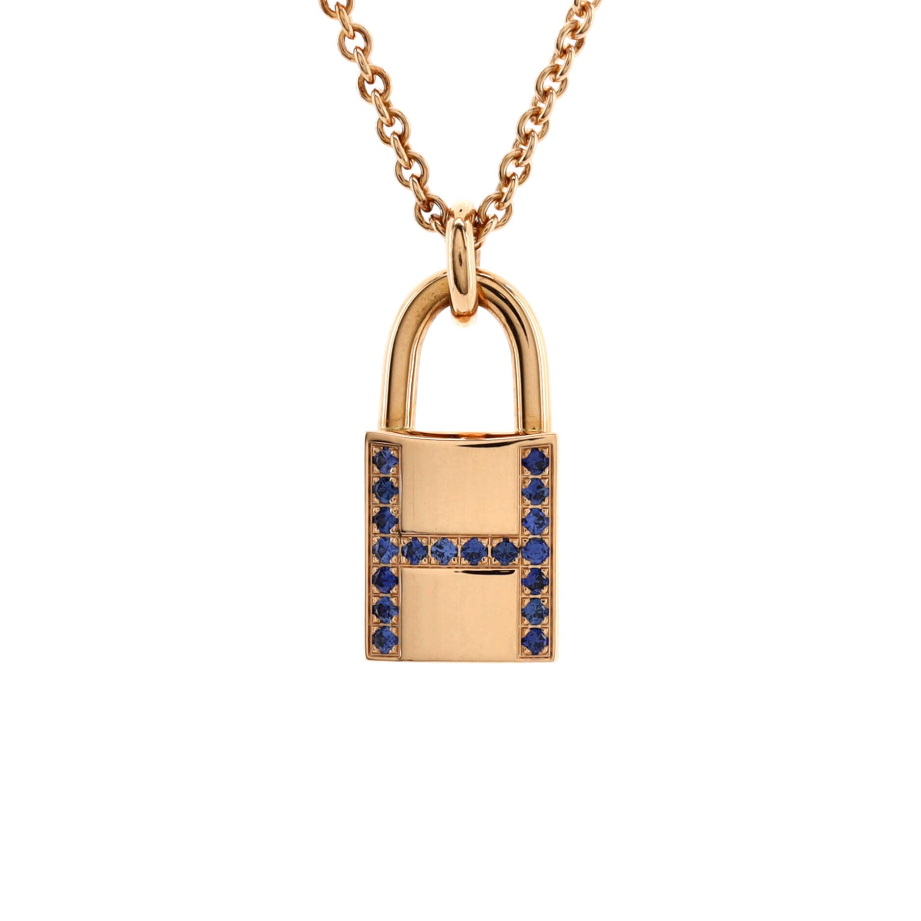 Amulettes Cadenas Pendant Necklace 18K Rose Gold with Blue Sapphires