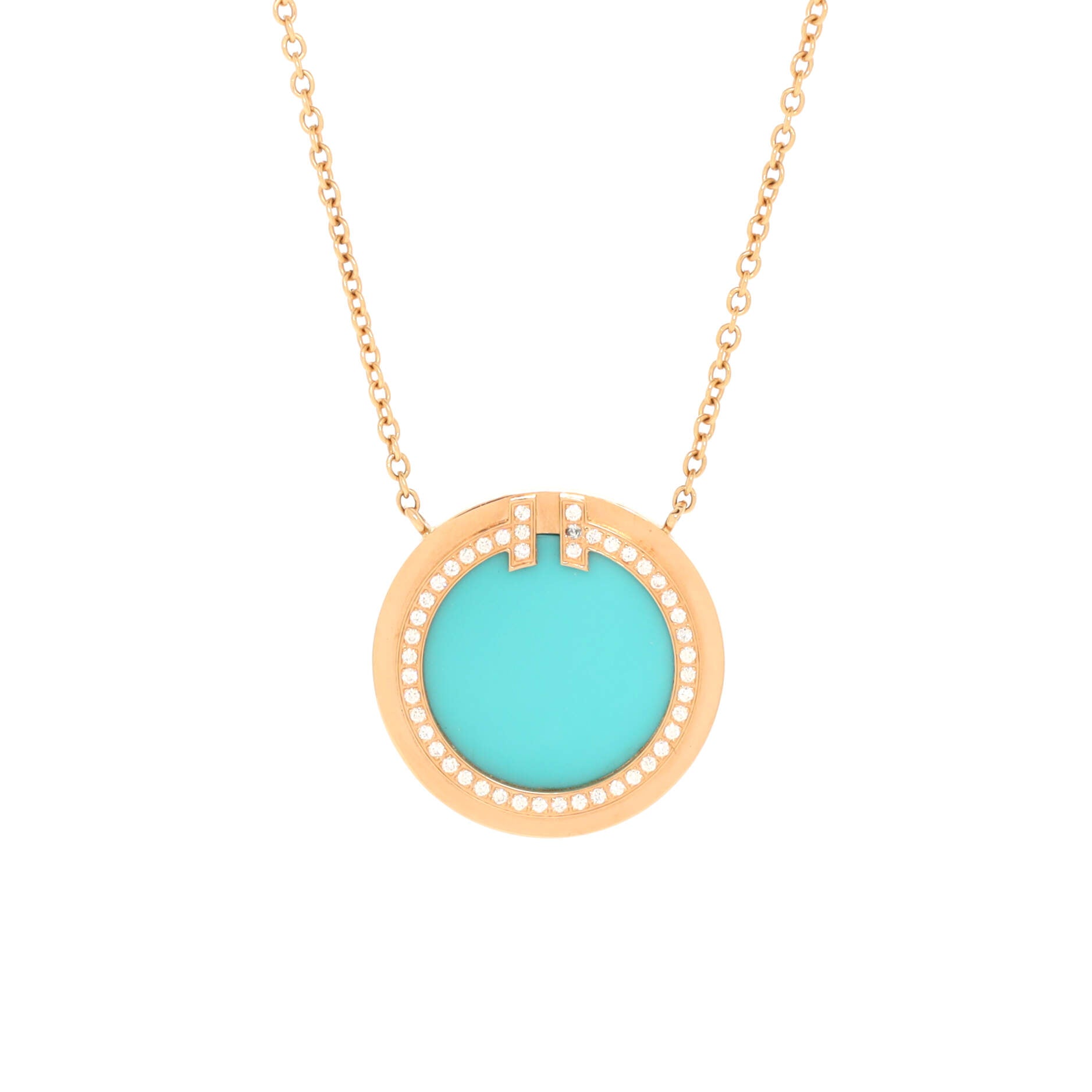T Circle Pendant Necklace 18K Rose Gold with Turquoise and Diamonds Large