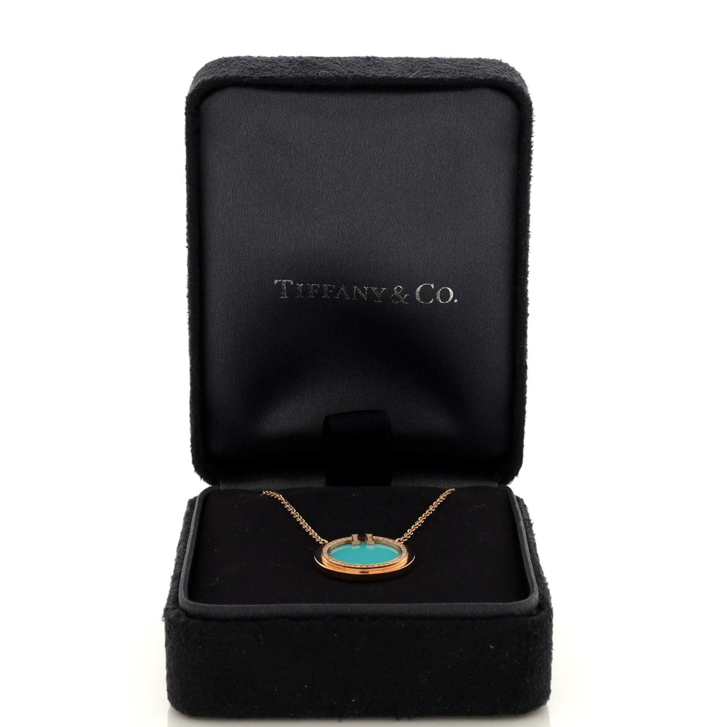 T Circle Pendant Necklace 18K Rose Gold with Turquoise and Diamonds Large