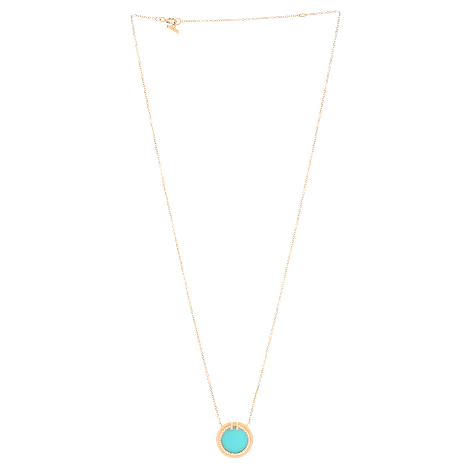 T Circle Pendant Necklace 18K Rose Gold with Turquoise and Diamonds Large