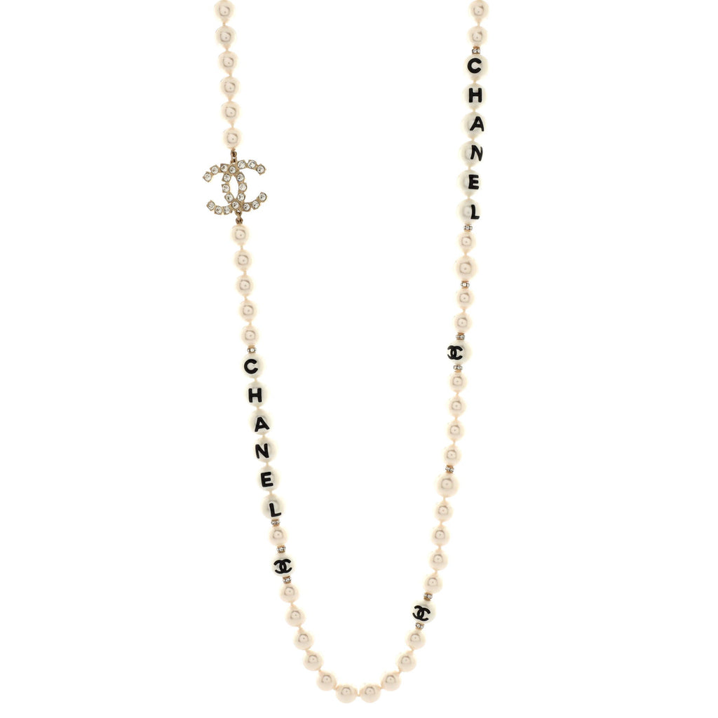 CC Long Logo Necklace Faux Pearls with Metal and Crystals