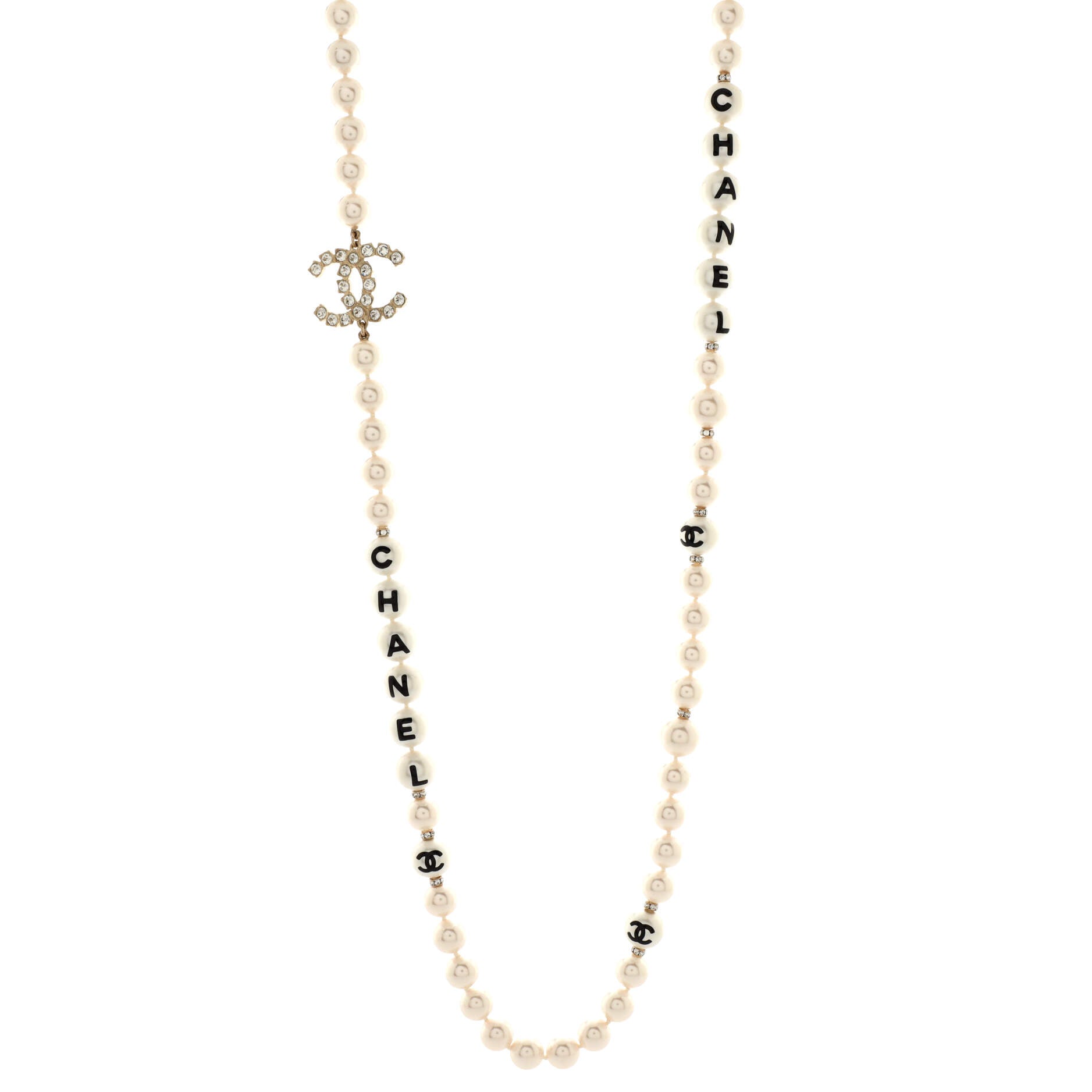 CC Long Logo Necklace Faux Pearls with Metal and Crystals