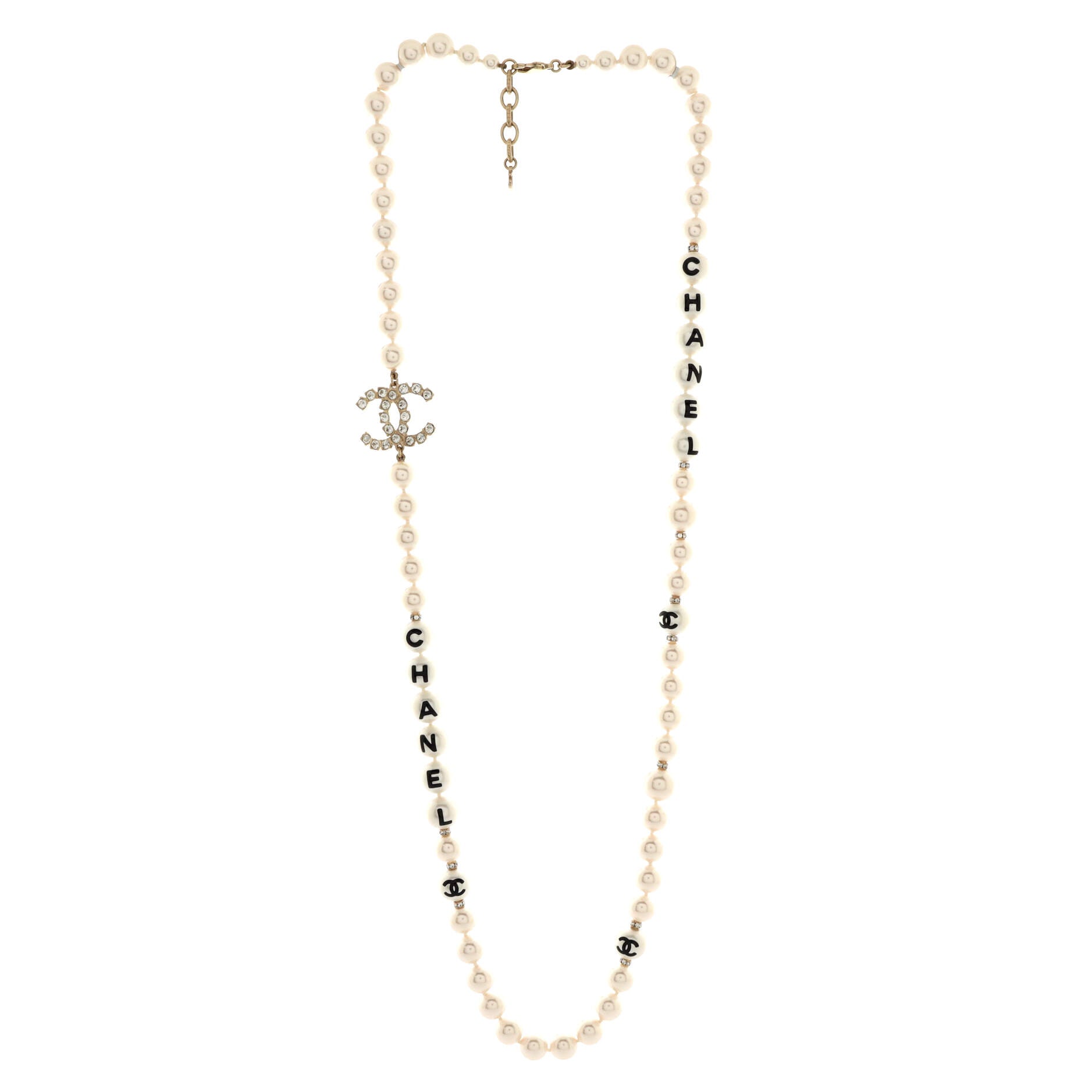 CC Long Logo Necklace Faux Pearls with Metal and Crystals