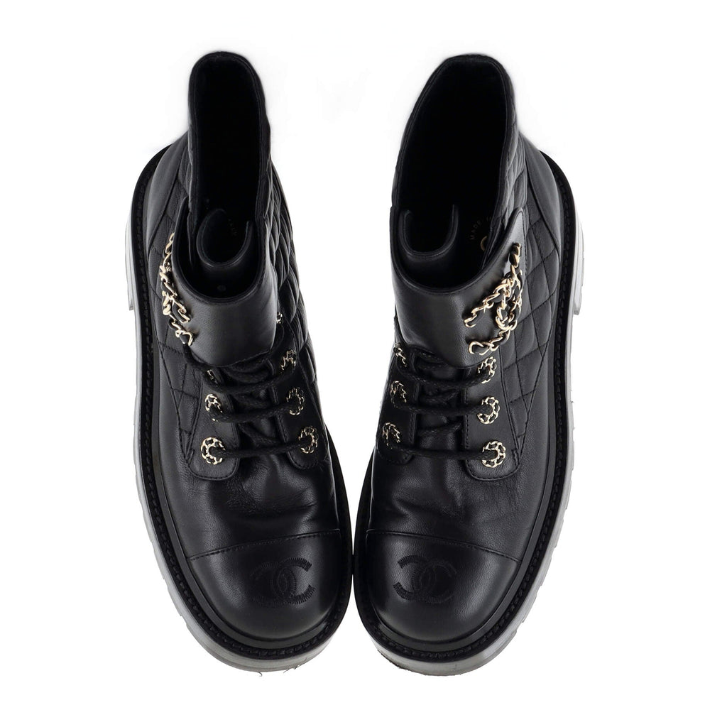 Women's Chain CC Cap Toe Lace Up Combat Boots Quilted Shiny Calfskin