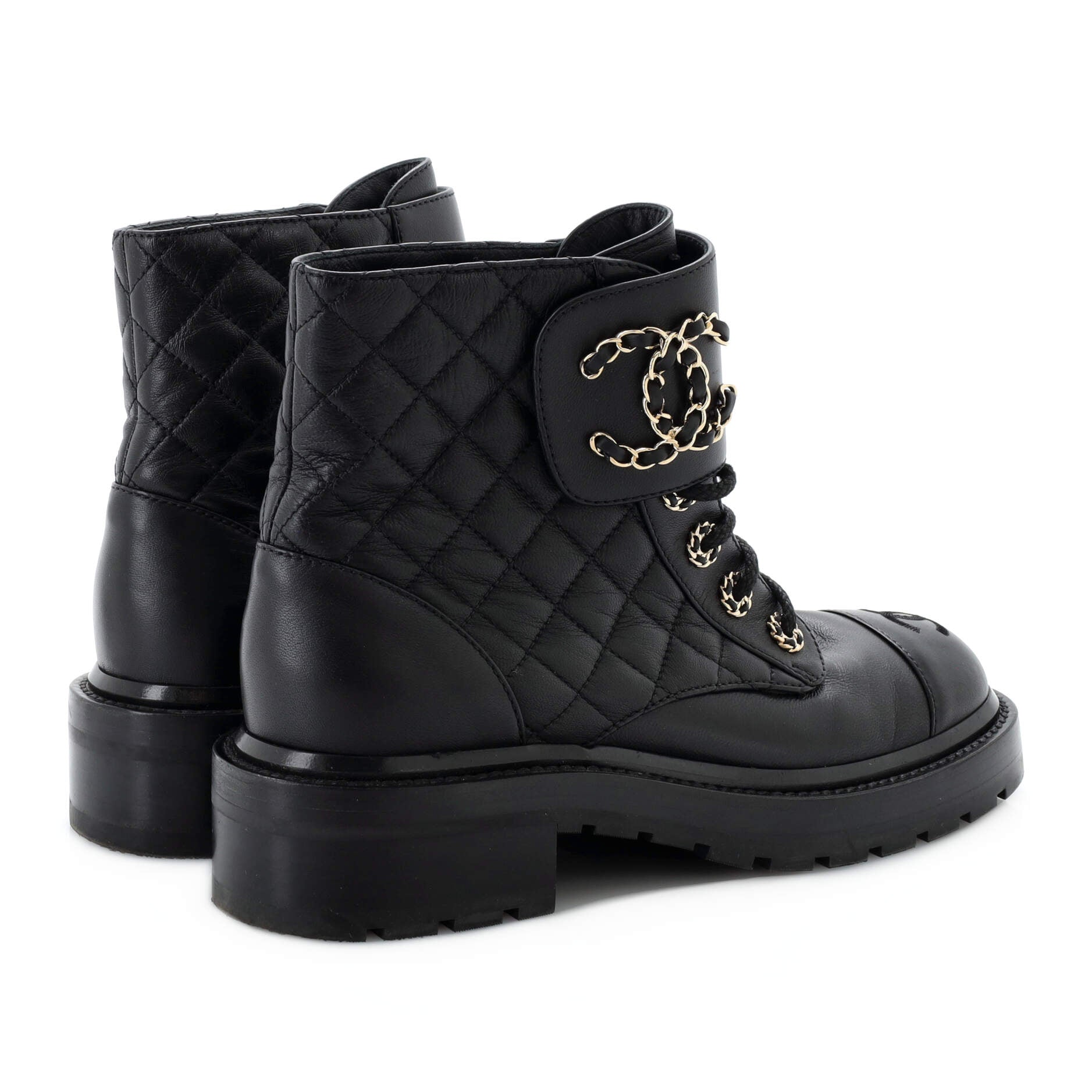 Women's Chain CC Cap Toe Lace Up Combat Boots Quilted Shiny Calfskin