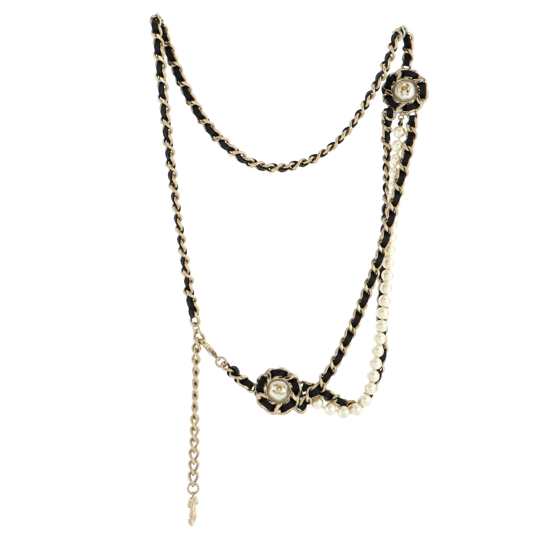 CC Pearl Multistrand Chain Belt Metal with Leather and Faux Pearls 85