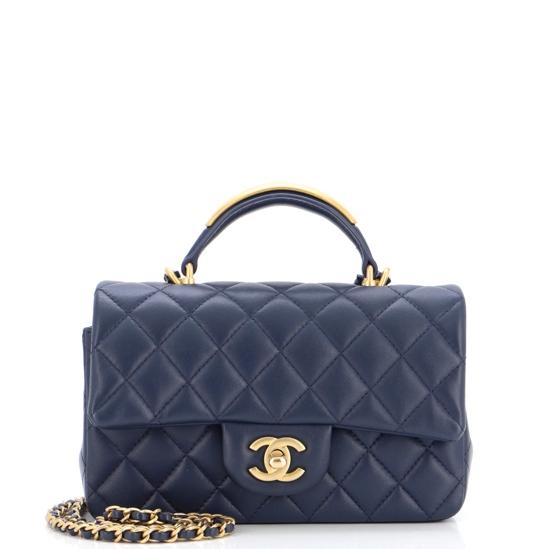 Classic Single Flap Metal Top Handle Bag Quilted Lambskin Mini