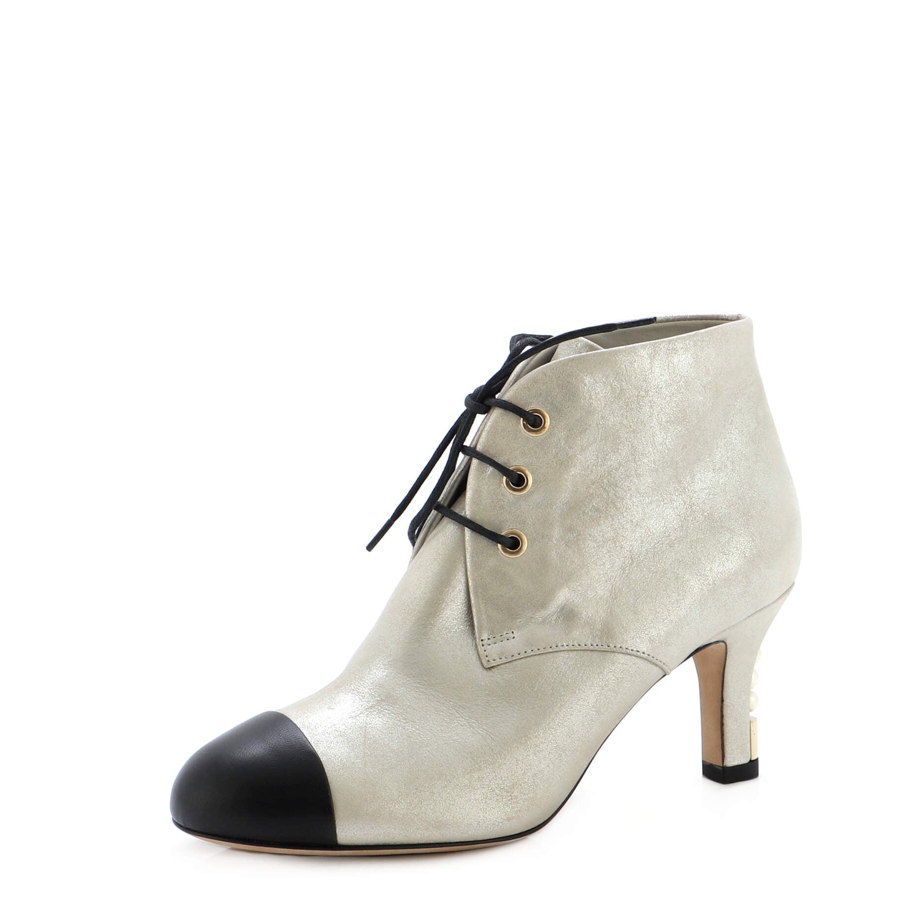 Women's Cap Toe Lace Up Boots Leather with Faux Pearls