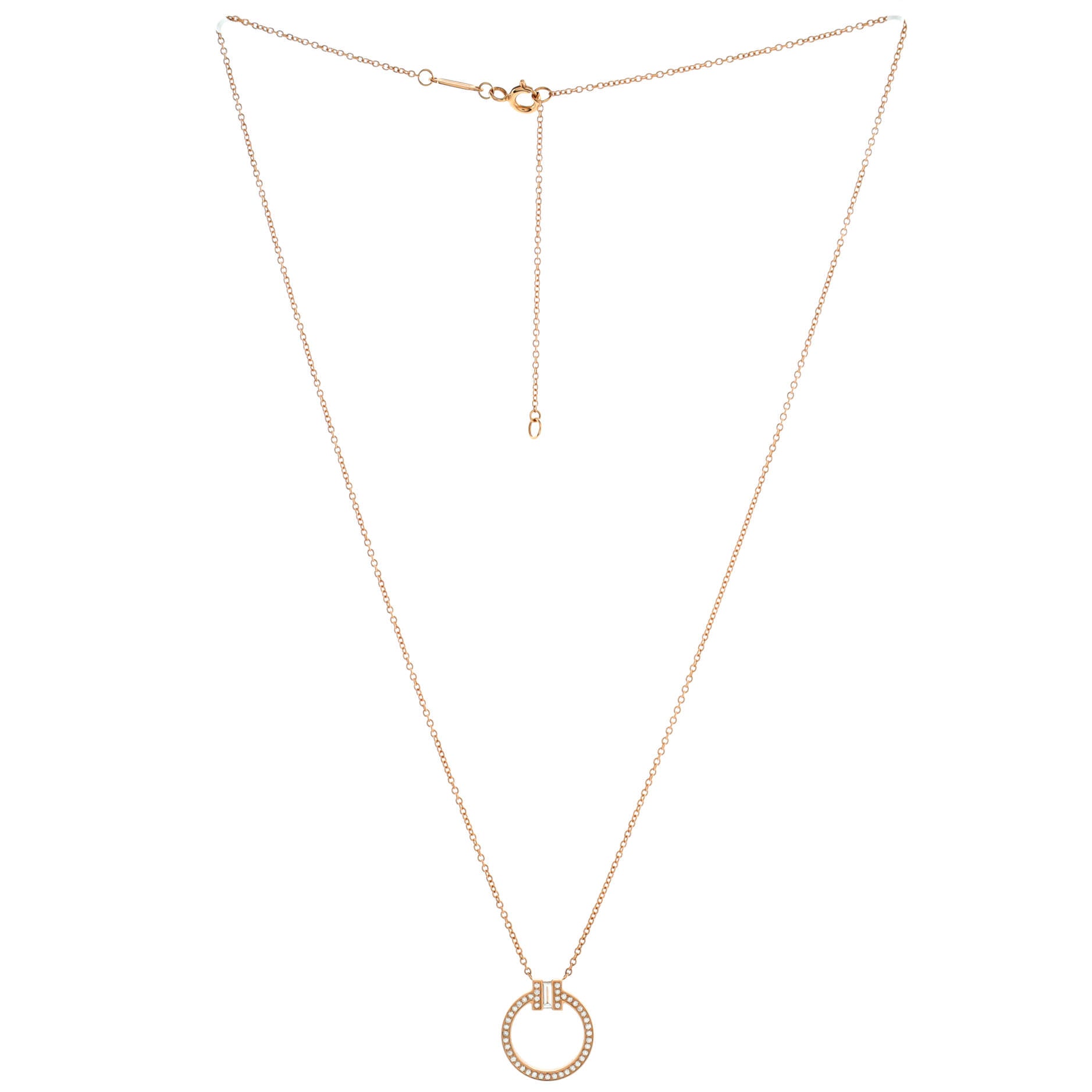 T Circle Pendant Necklace 18K Rose Gold with Diamonds and Center Baguette Diamond Small
