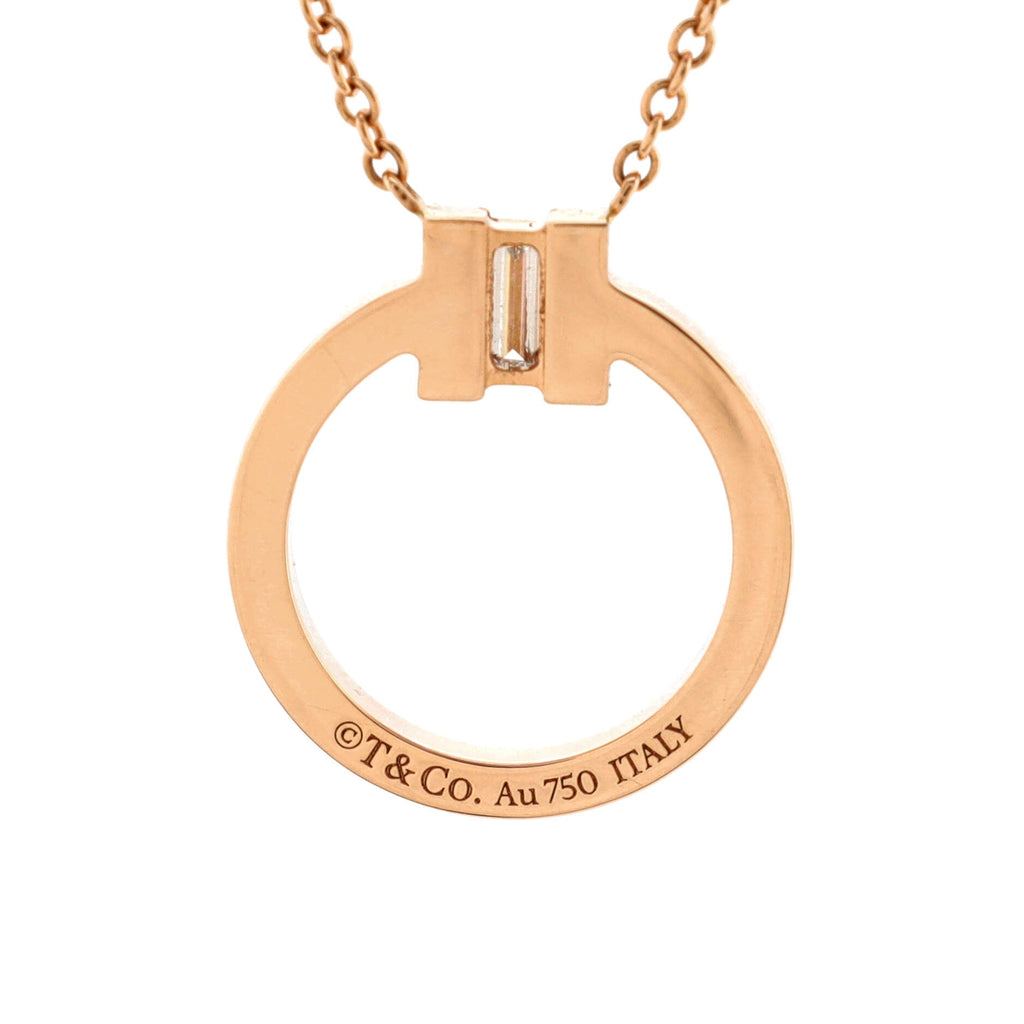 T Circle Pendant Necklace 18K Rose Gold with Diamonds and Center Baguette Diamond Small