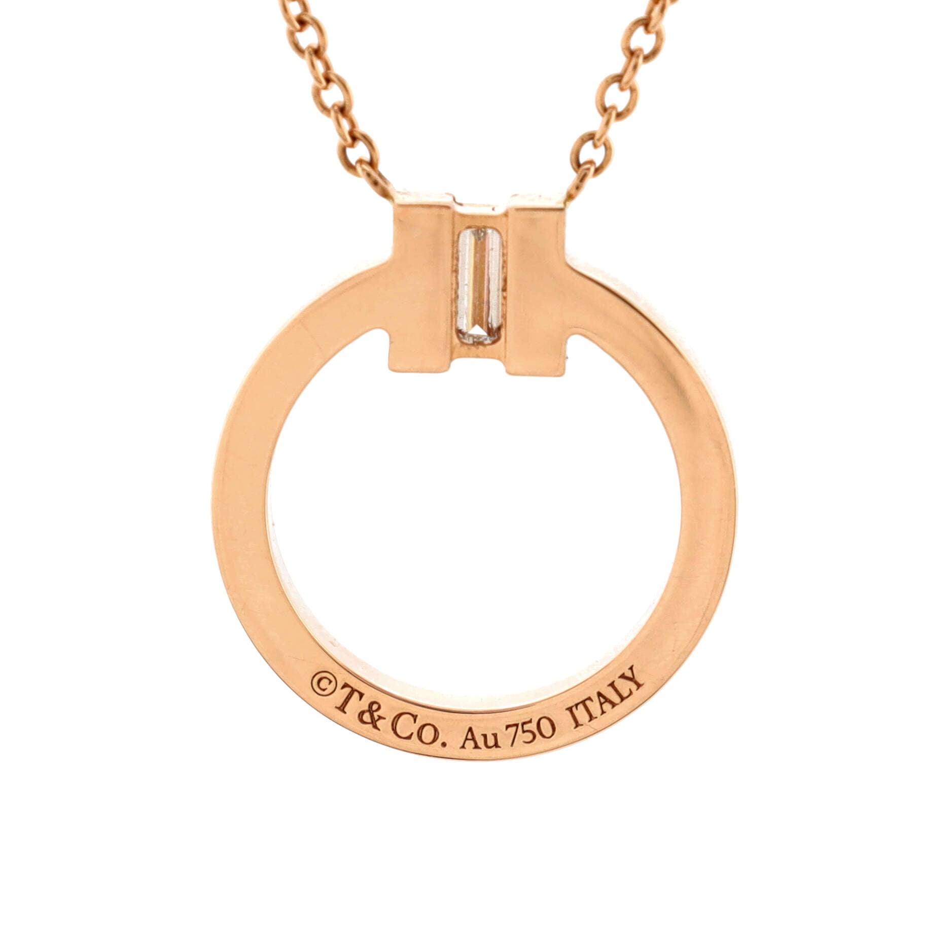 T Circle Pendant Necklace 18K Rose Gold with Diamonds and Center Baguette Diamond Small