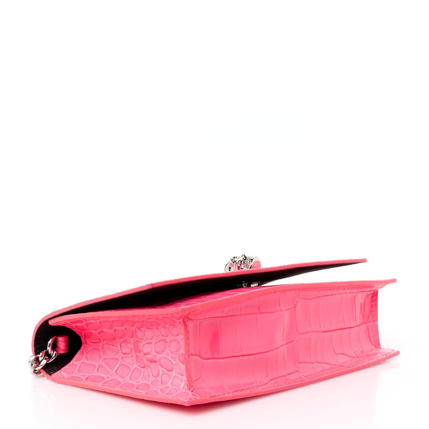 Calfskin Crocodile Embossed Skull Mini Crossbody Bag Neon Pink