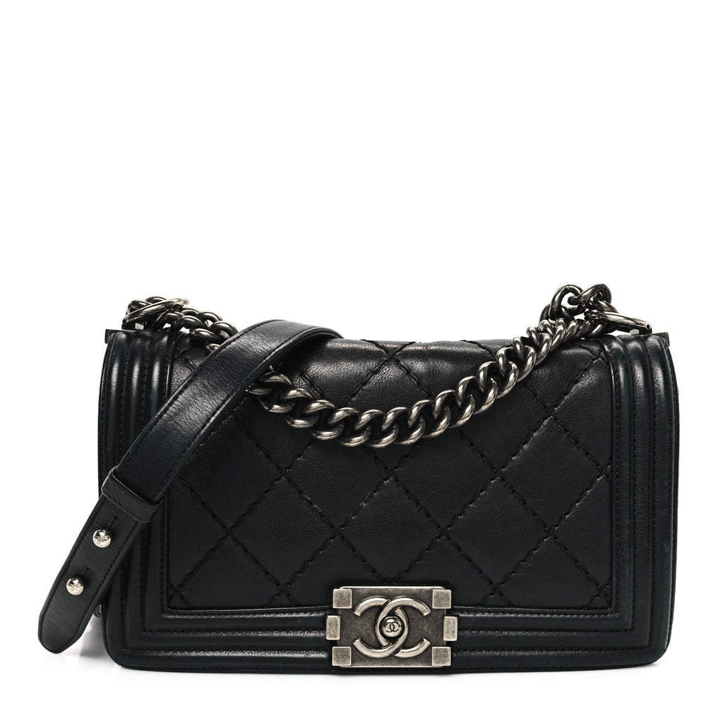 Calfskin Quilted Double Stitch Medium Boy Flap Black