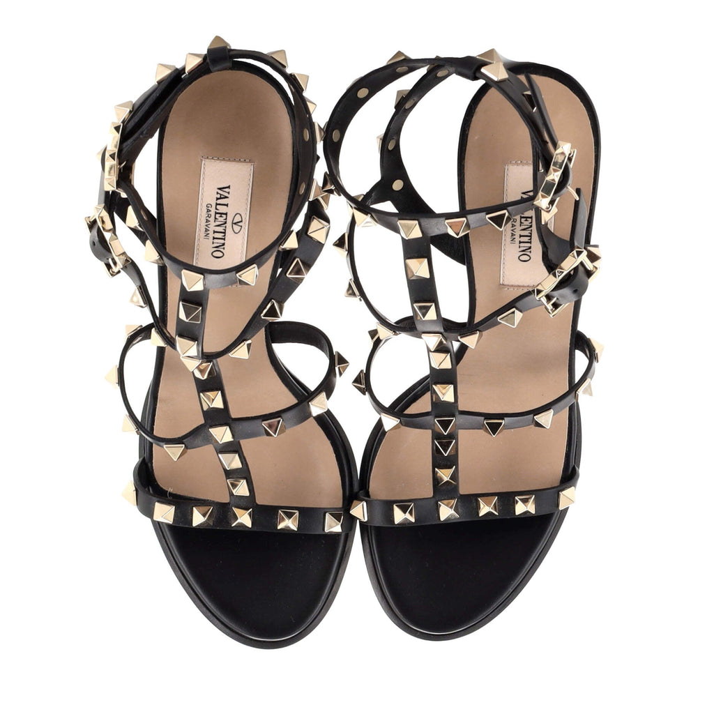 Women's Rockstud Caged Ankle Strap Block Heel Sandals Leather