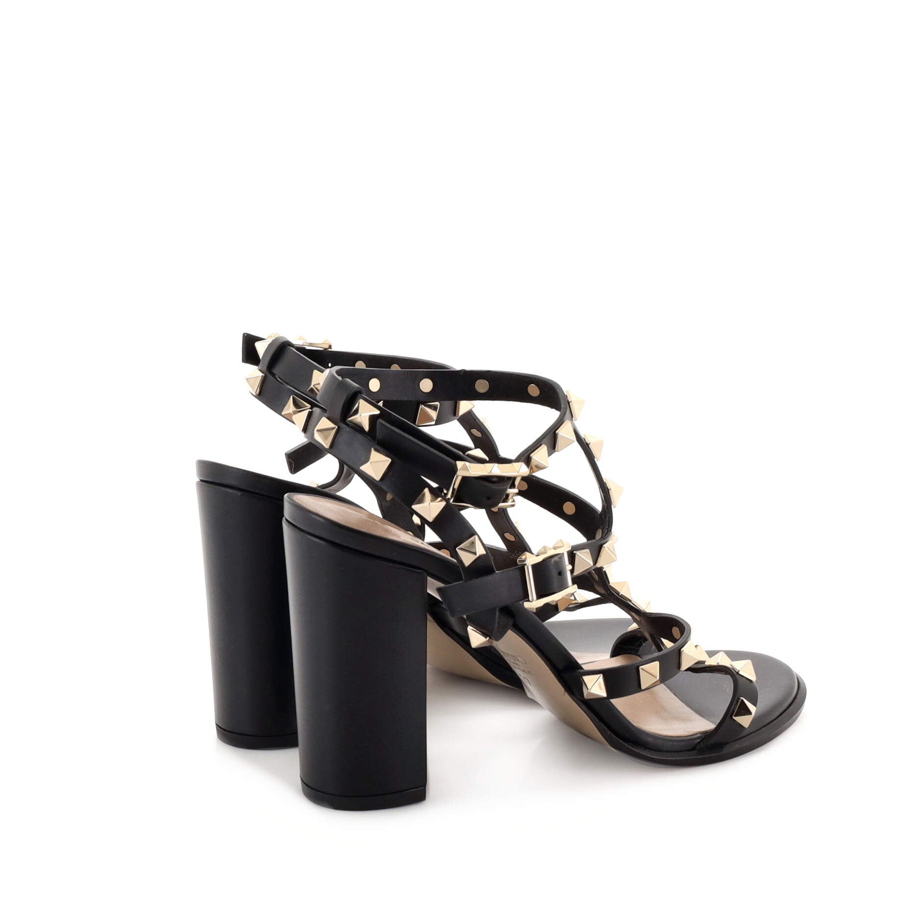 Women's Rockstud Caged Ankle Strap Block Heel Sandals Leather
