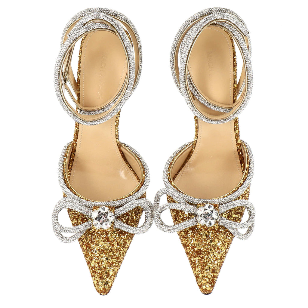 Women's Double Bow Ankle Strap Pumps Glitter 100