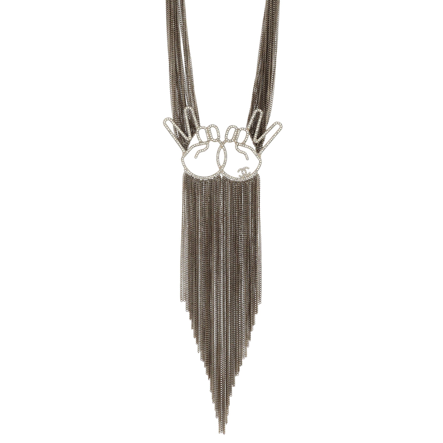 CC Double Peace Emoji Multi Chain Fringe Necklace Metal with Crystals