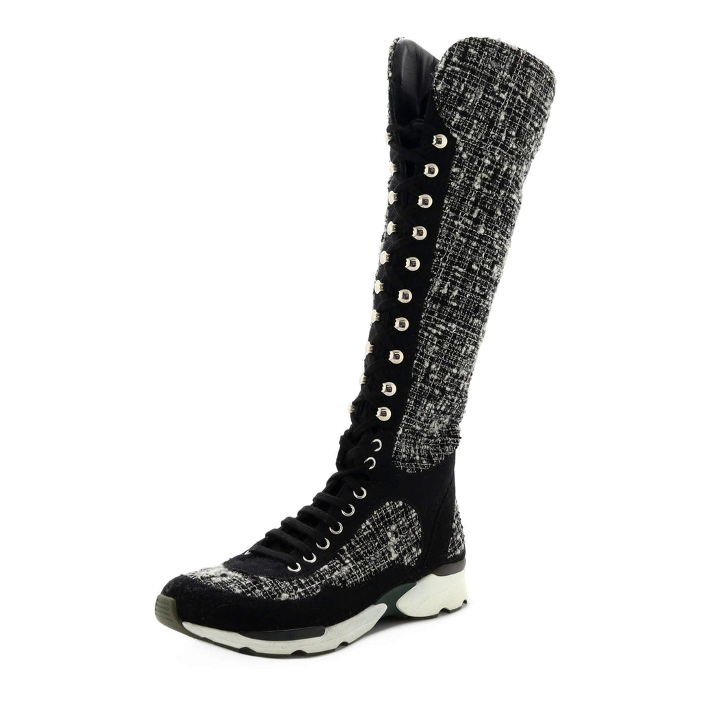 Women's Knee High Sneaker Boots Tweed with Leather