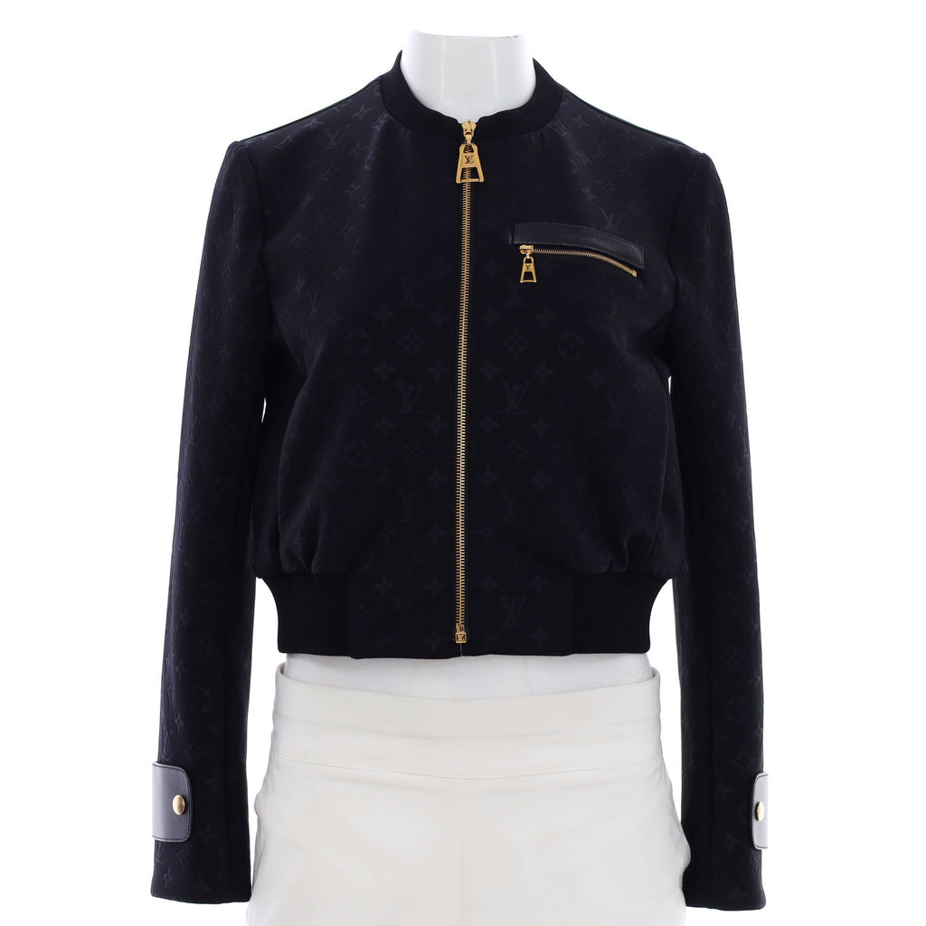 Women's Front Pocket Bomber Jacket Monogram Embossed Polyester Blend