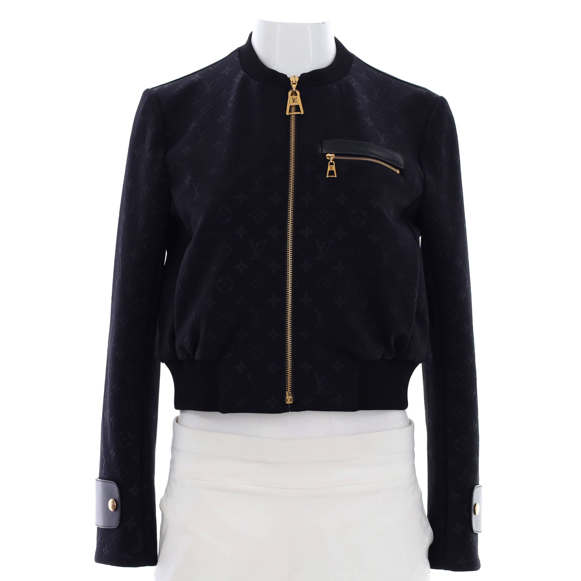 Women's Front Pocket Bomber Jacket Monogram Embossed Polyester Blend