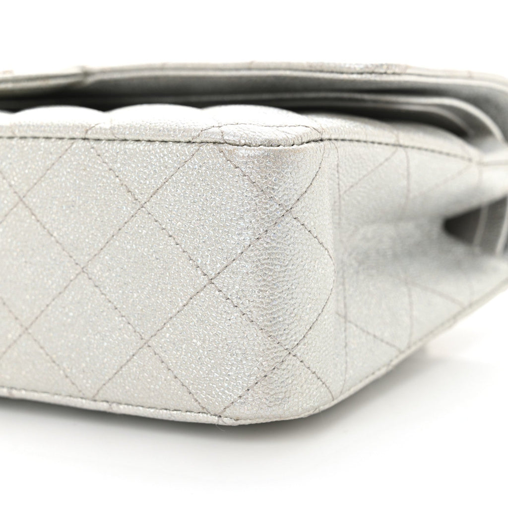 Glittered Metallic Caviar Quilted Medium Double Flap Silver