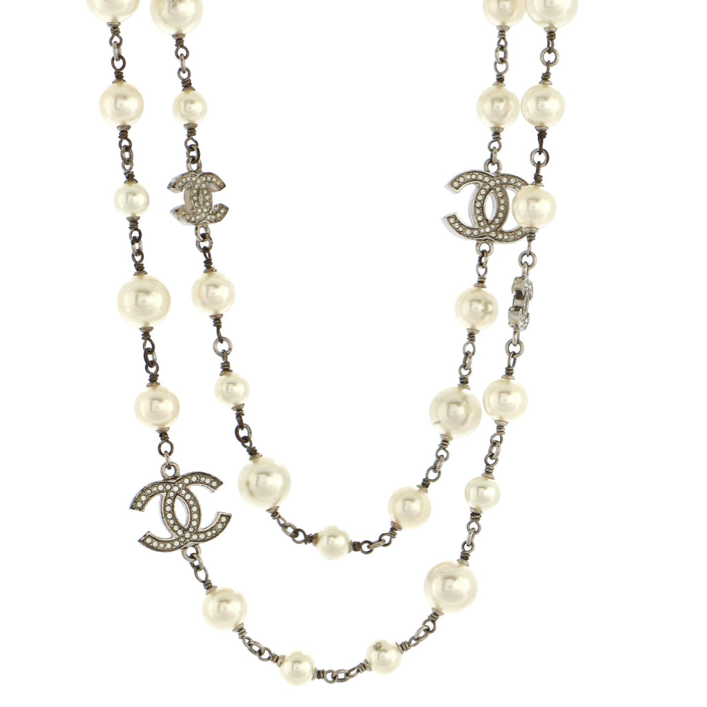 CC Station Long Necklace Metal with Faux Pearls and Crystals