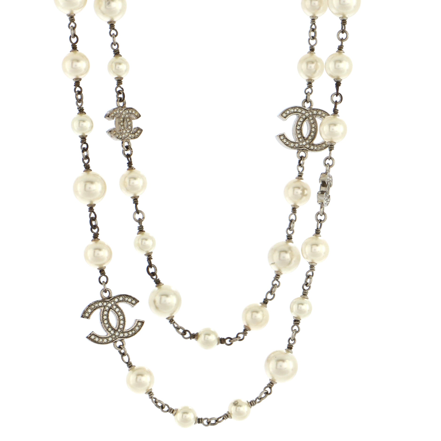 CC Station Long Necklace Metal with Faux Pearls and Crystals