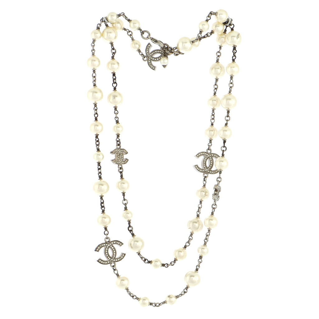CC Station Long Necklace Metal with Faux Pearls and Crystals
