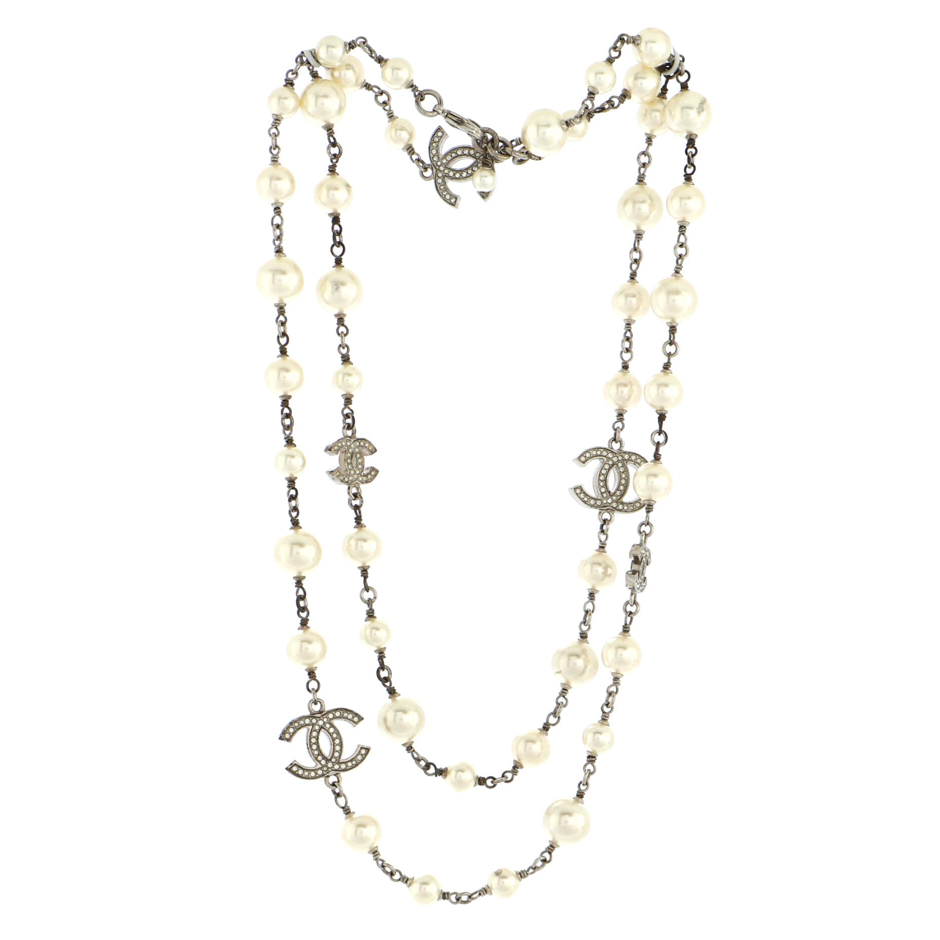 CC Station Long Necklace Metal with Faux Pearls and Crystals