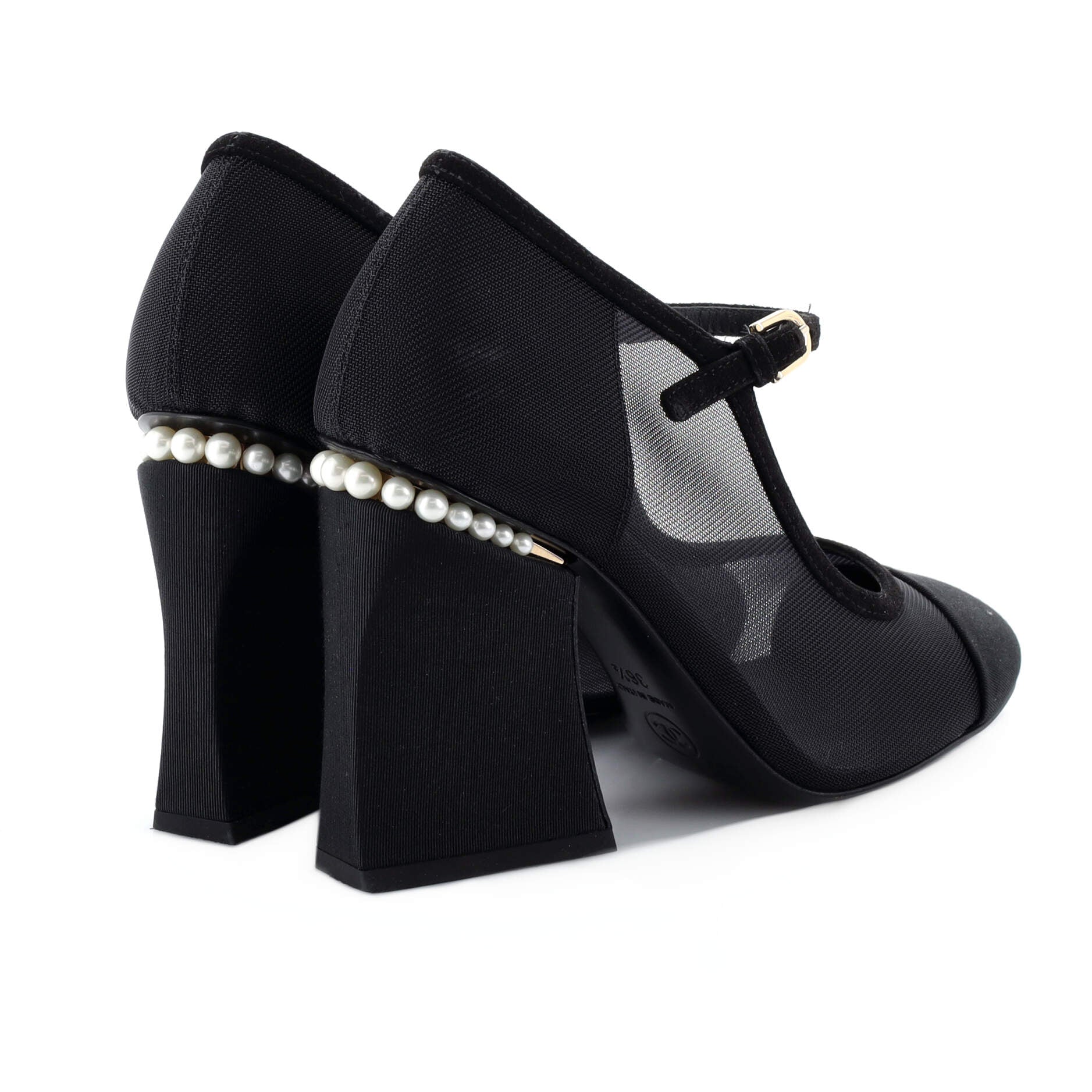 Women's Cap Toe Block Heel Pumps Mesh and Grosgrain with Faux Pearls