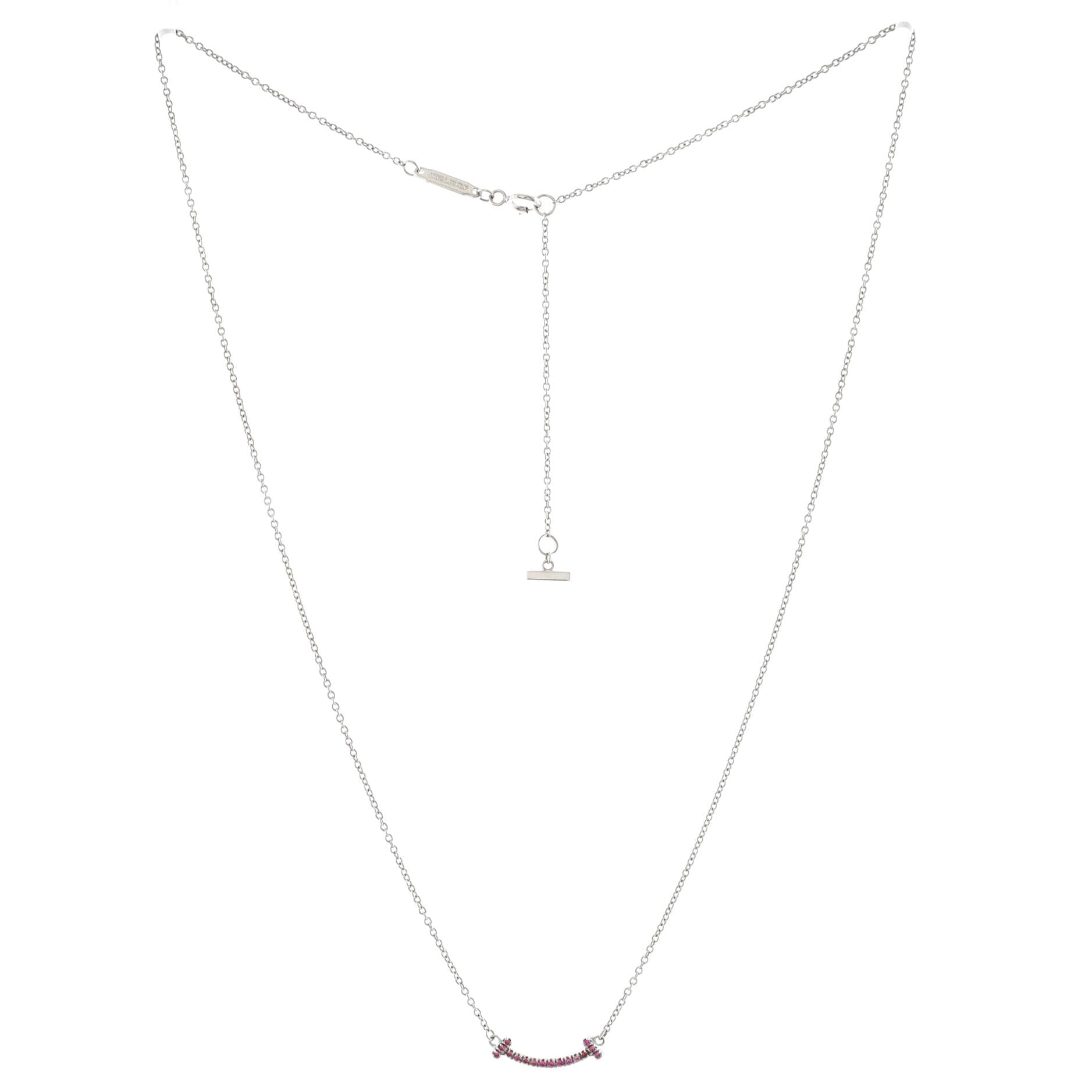 T Smile Pendant Necklace 18K White Gold with Pink Sapphires Mini