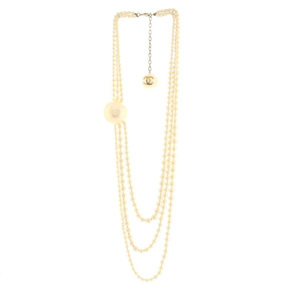 CC Orb Triple Strand Necklace Faux Pearls
