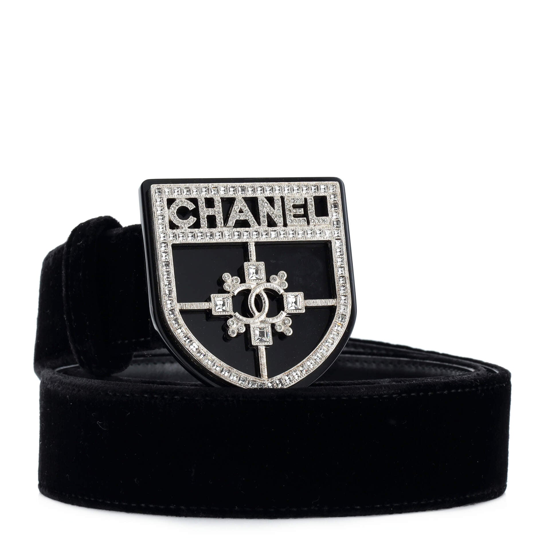 CC Shield Buckle Belt Crystal Embellished Metal and Velvet 80