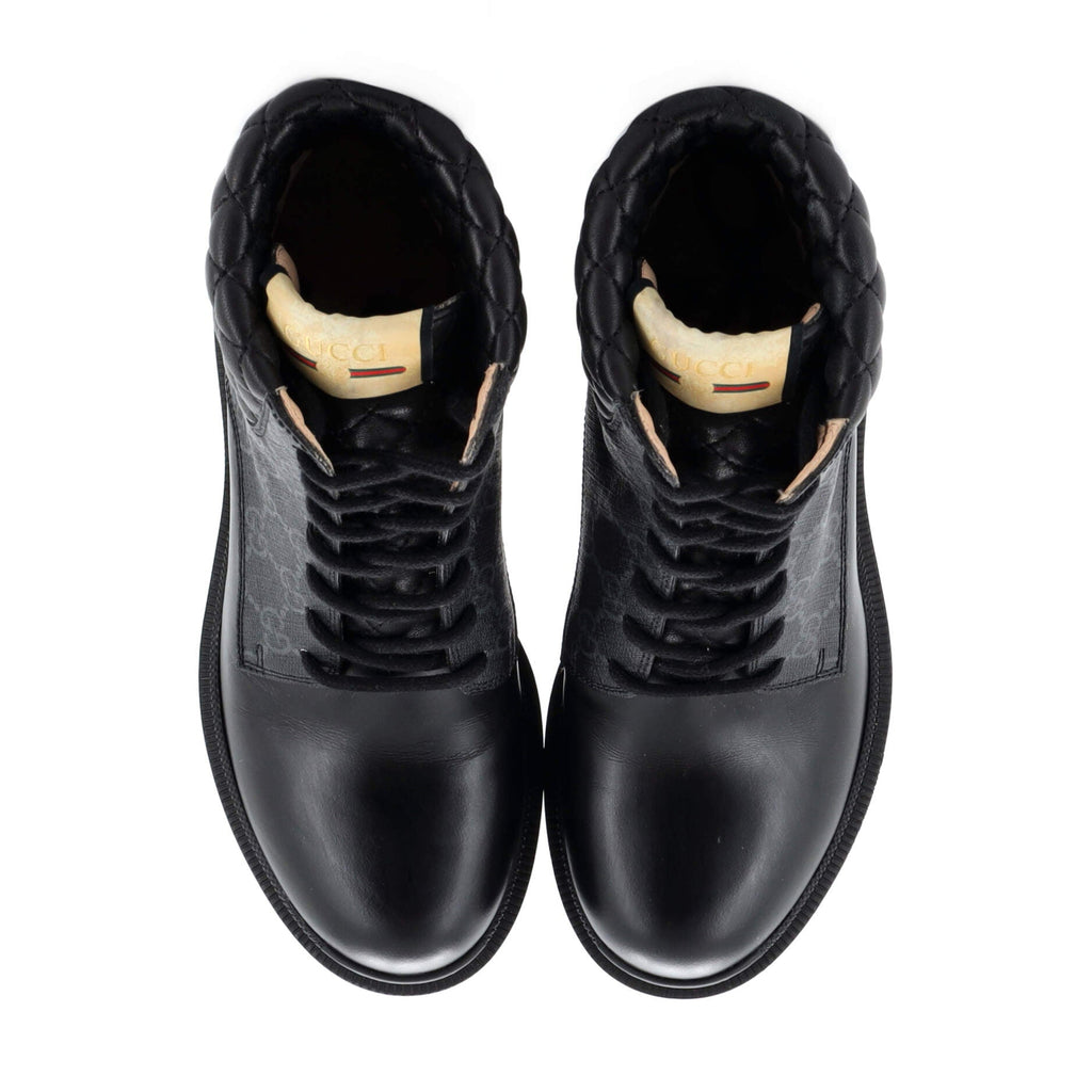 Women's Lace Up Heeled Ankle Boots GG Coated Canvas with Quilted Leather