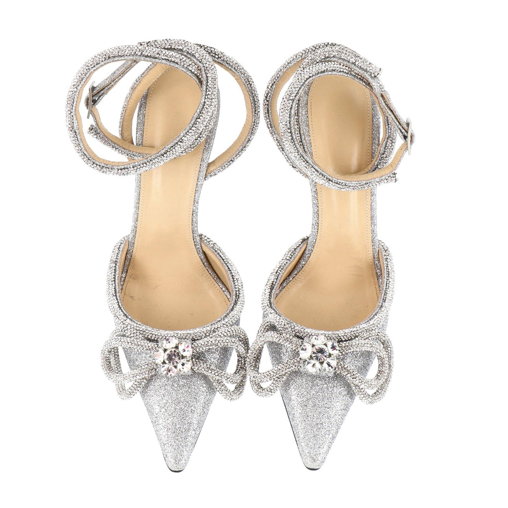 Women's Double Bow Ankle Strap Pumps Glitter 100