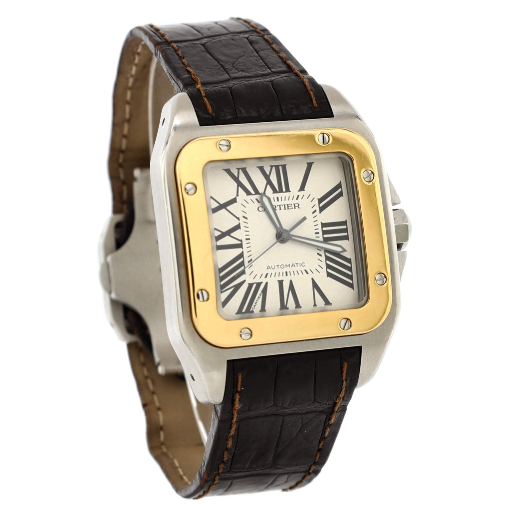 Santos 100 Automatic Watch Stainless Steel and Yellow Gold with Alligator 38
