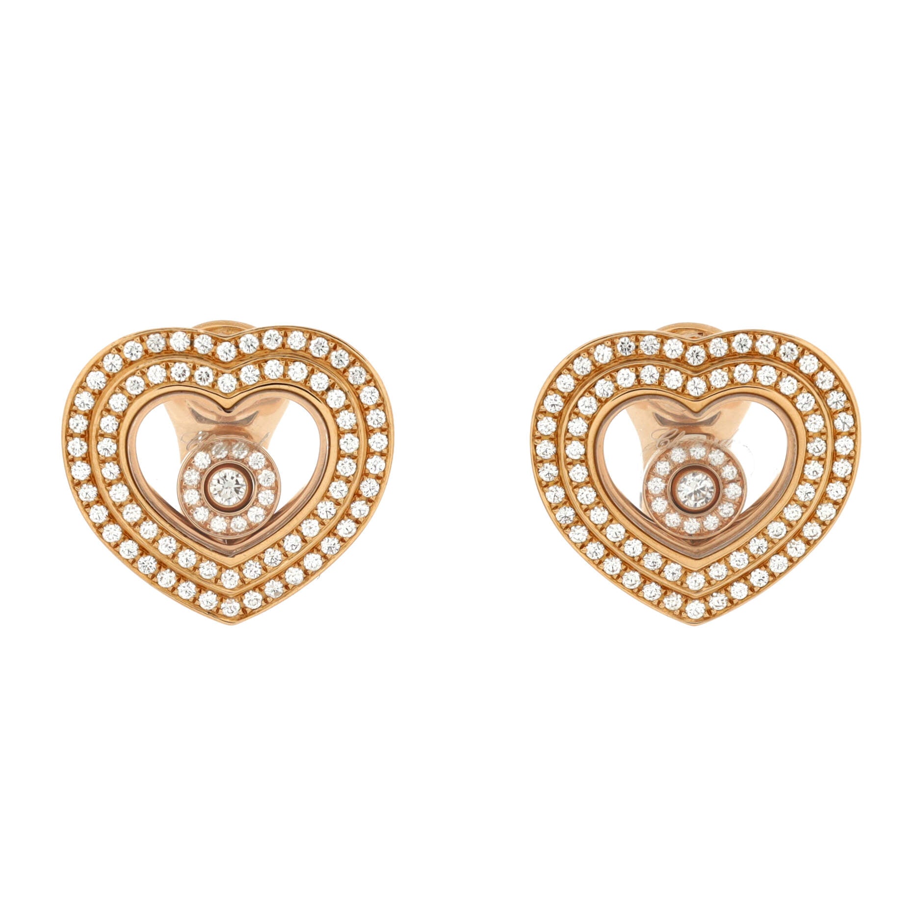 Happy Hearts Two Row Diamond Stud Earrings 18K Rose Gold with Pave Diamonds