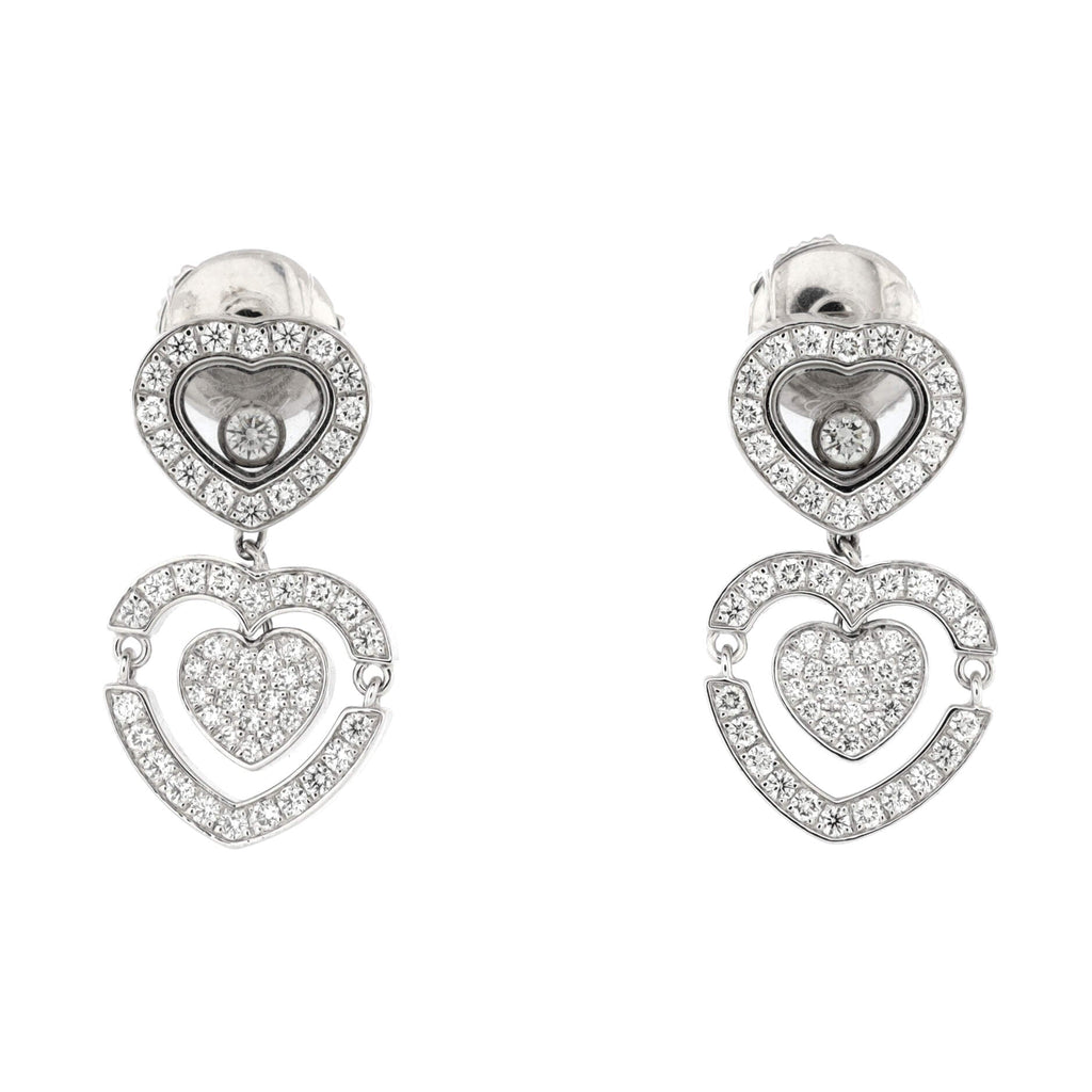 Pave Happy Hearts Drop Earrings 18K White Gold and Diamonds