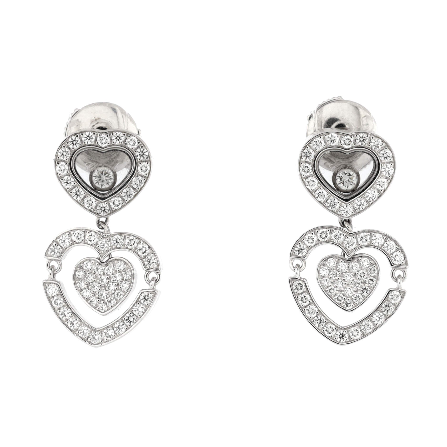 Pave Happy Hearts Drop Earrings 18K White Gold and Diamonds
