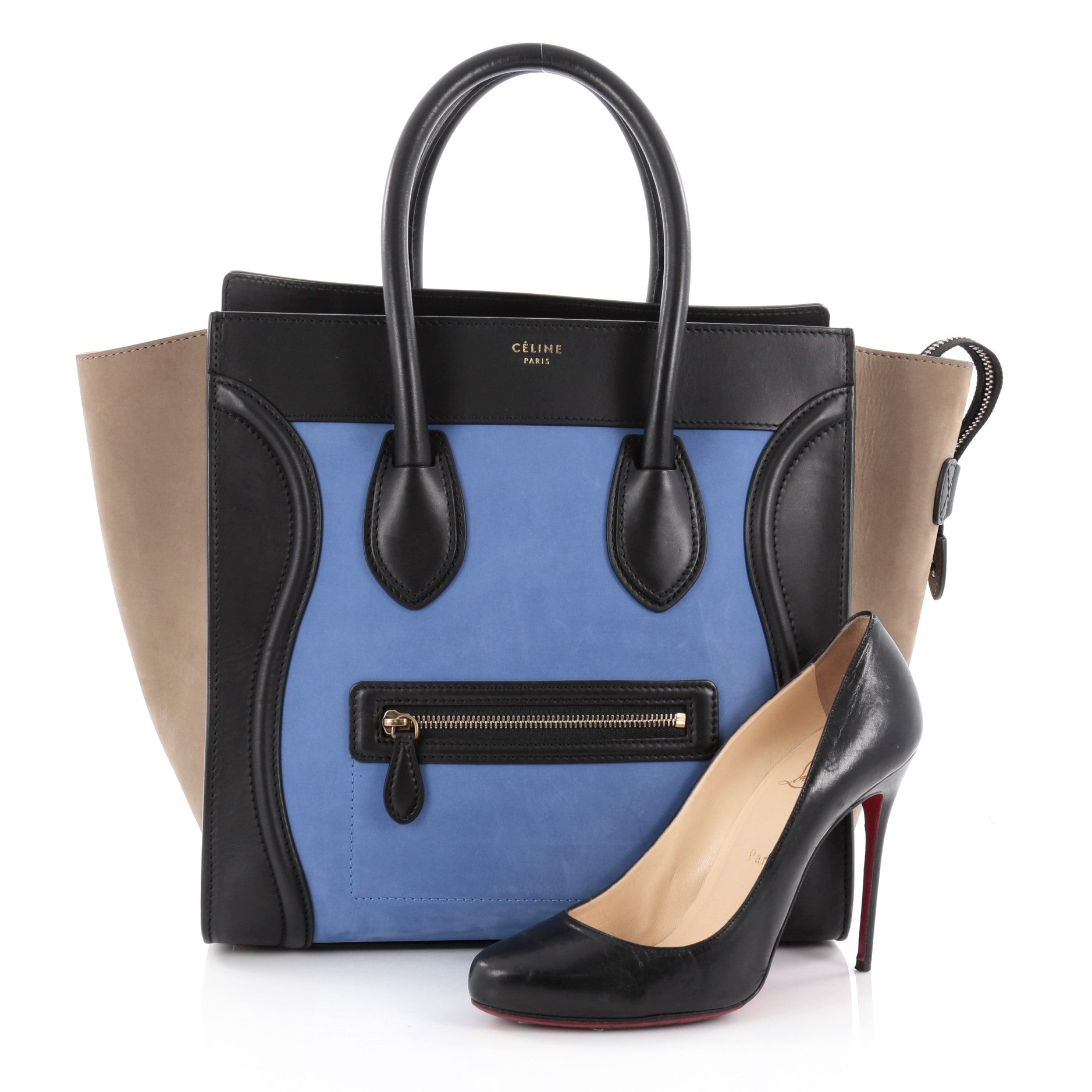 Tricolor Luggage Handbag Suede Mini