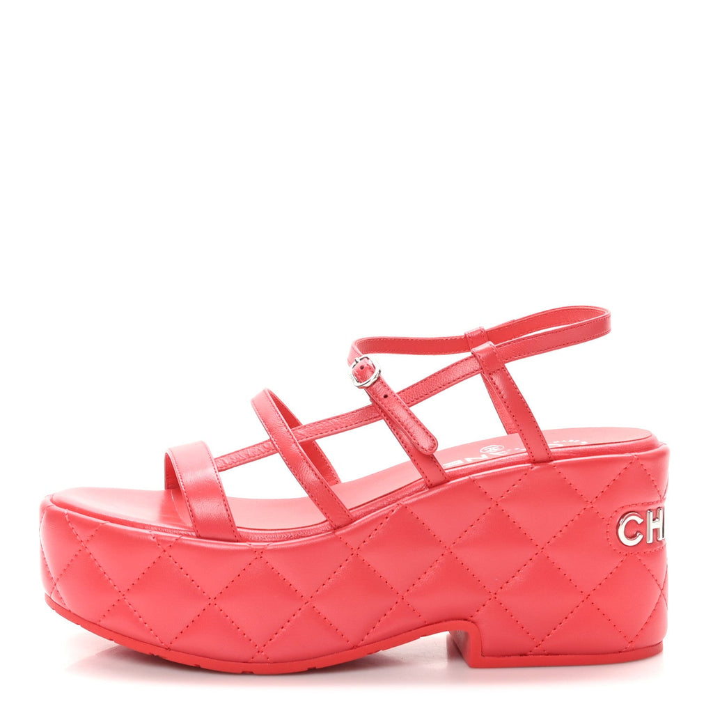 Calfskin Quilted Wedge Logo Sandals 37 Red