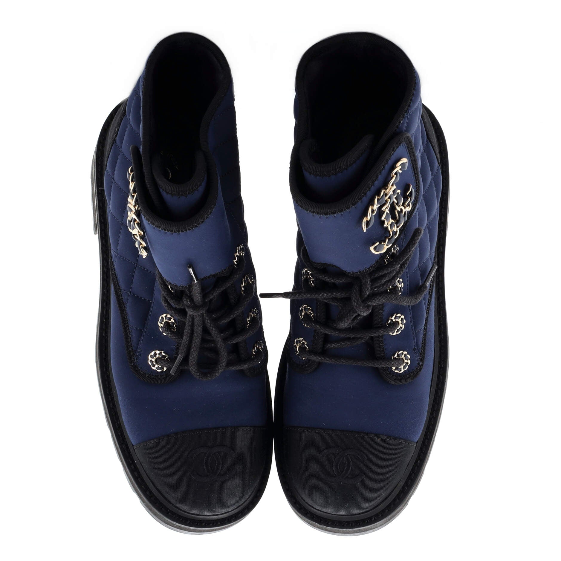 Women's Chain CC Cap Toe Lace Up Combat Boots Quilted Fabric and Grosgrain