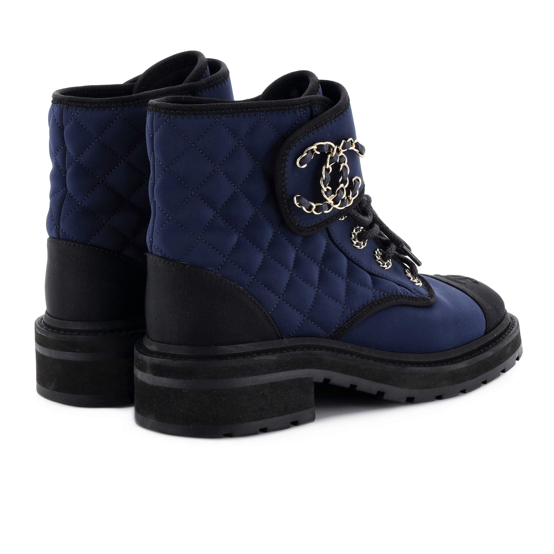 Women's Chain CC Cap Toe Lace Up Combat Boots Quilted Fabric and Grosgrain