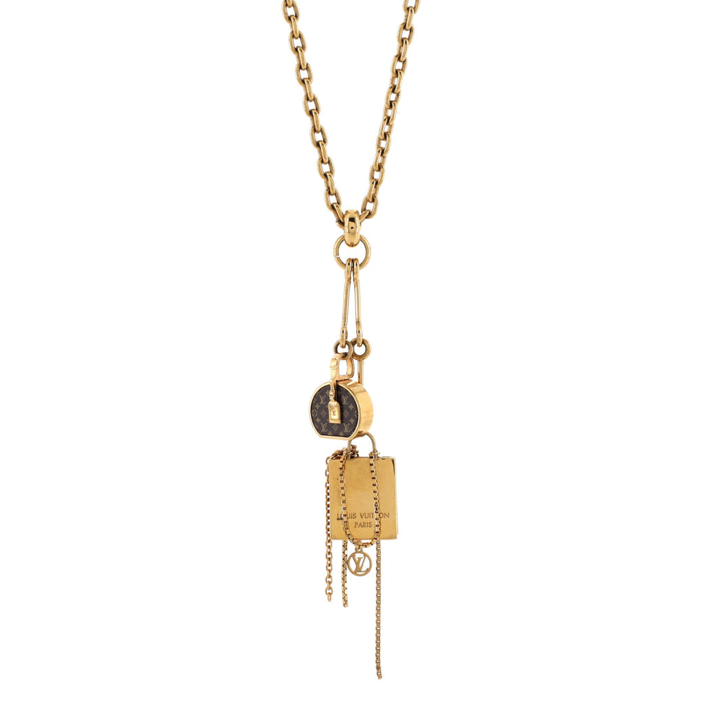 Mini LV Boite Chapeau Pendant Necklace Metal and Monogram Canvas